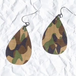 Green camo Double sided earrings. 1.5” inch length teardrop shape